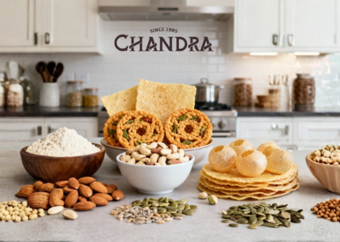A kitchen counter displays bowls and plates of various snacks, seeds, and nuts, such as almonds and lentils. White cabinets and jars are in the background.