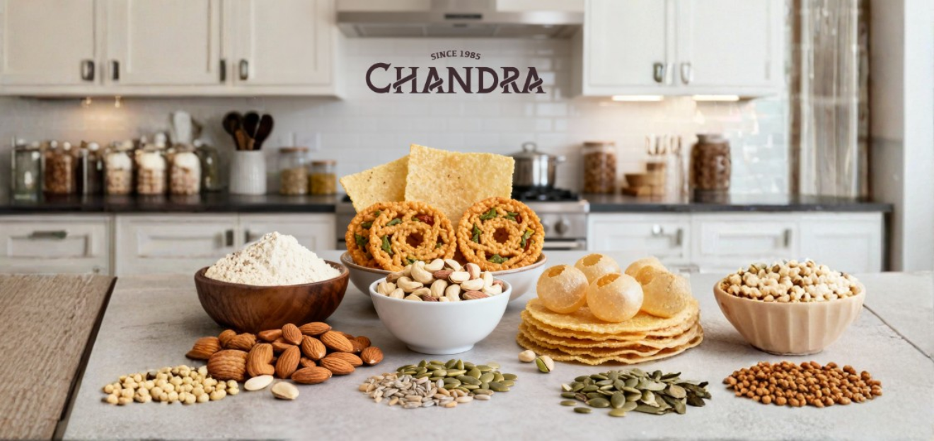 A kitchen counter displays bowls and plates of various snacks, seeds, and nuts, such as almonds and lentils. White cabinets and jars are in the background.