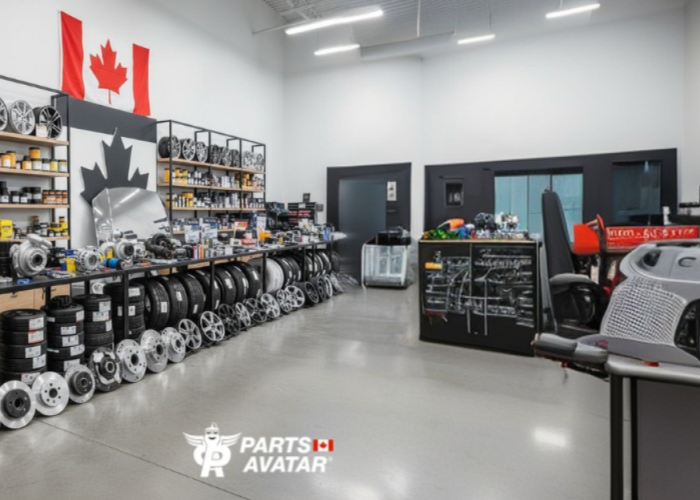 A room filled with automotive parts, including tires, brake discs, and car components, organized on shelves. A Canadian flag hangs on the wall, conveying a professional tone.