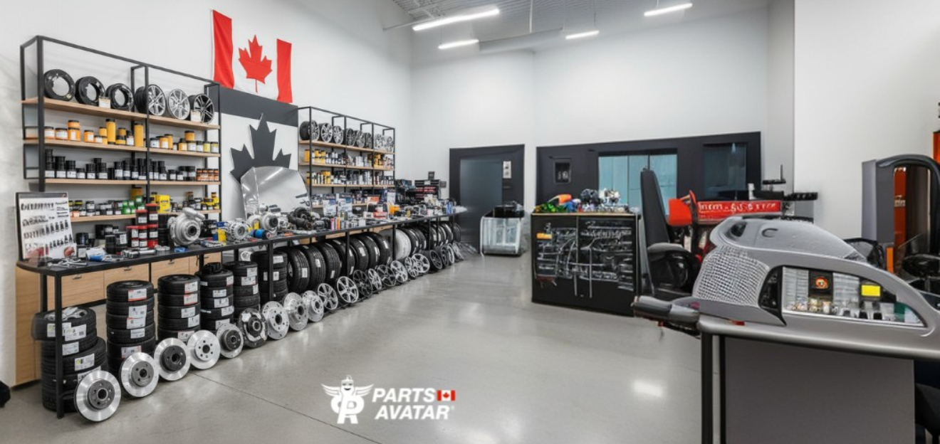A room filled with automotive parts, including tires, brake discs, and car components, organized on shelves. A Canadian flag hangs on the wall, conveying a professional tone.