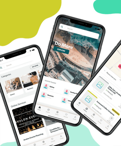 Three smartphone screens display a travel app interface with categories, maps, and nearby places. The background is colorful and abstract, conveying a modern and dynamic feel.