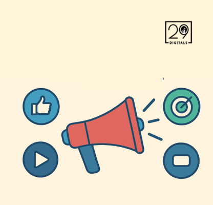 Illustration of a red megaphone surrounded by icons: thumbs up, target, play button, and stop button. Logo "29 Digitals" at the top right corner.