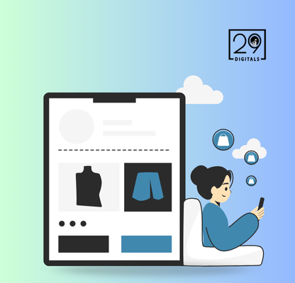 A woman sits using a smartphone, surrounded by shopping icons. Next to her is a large screen showing a clothing e-commerce site. Light blue background.