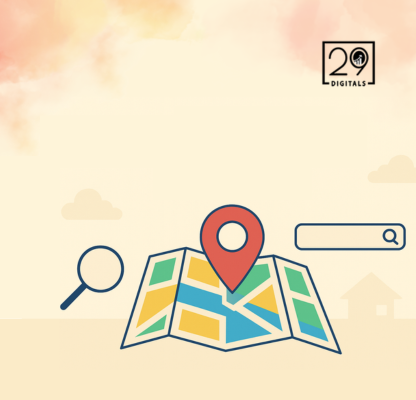 Illustration of a colorful map with a red location pin, a magnifying glass, and a search bar on a pastel background, conveying a theme of exploration.