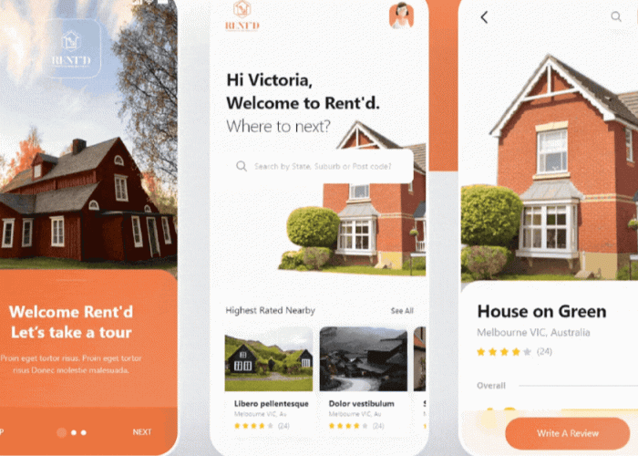 A mobile app interface with three screens. The first screen shows a house with trees, an orange banner reading 'Welcome Rent'd.' The second screen greets user 'Victoria' and prompts for destination search. The third screen displays 'House on Green' in Melbourne with a review option. The design is modern and inviting, using earthy tones.